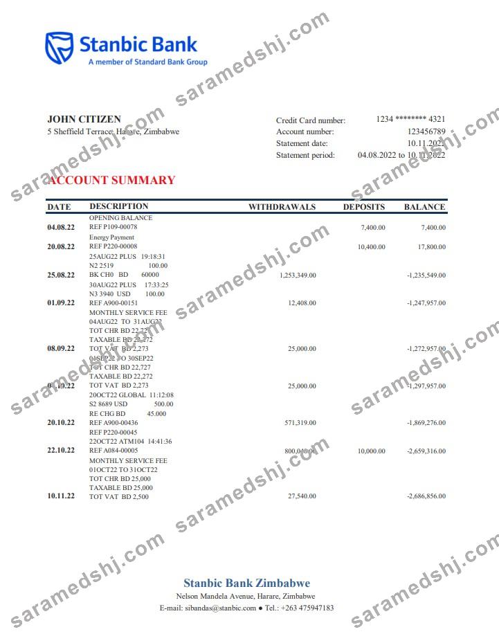 Zimbabwe Stanbic Bank statement
